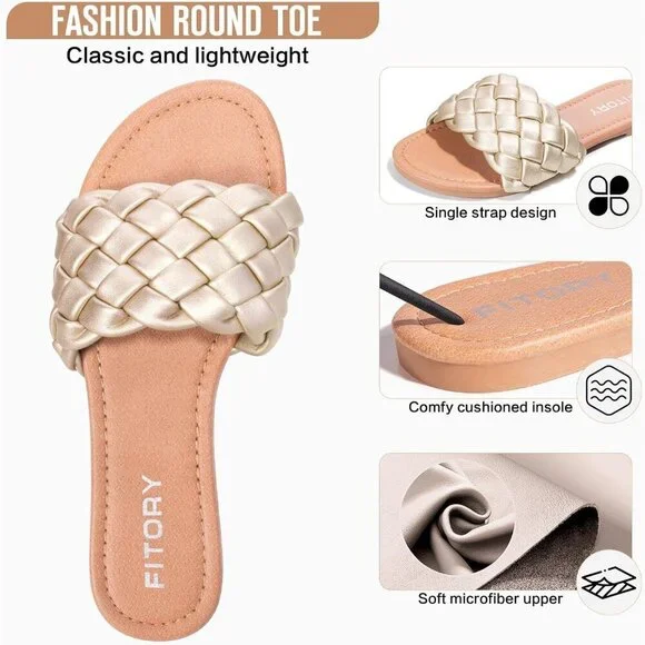 Women's Gold Braided Strap Round Open Toe Slip On Slides Slippers Flat Sandals - Picture 4 of 5